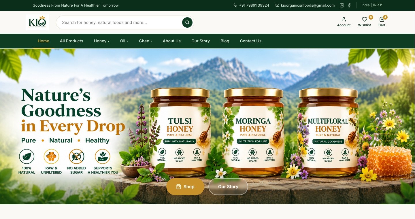 KIO Organics home page with honey jars