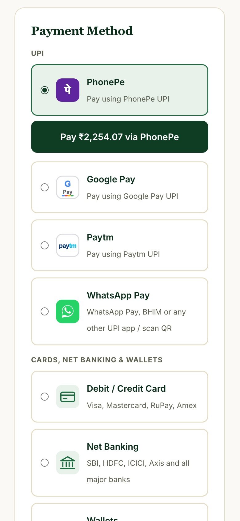 Payment options on mobile