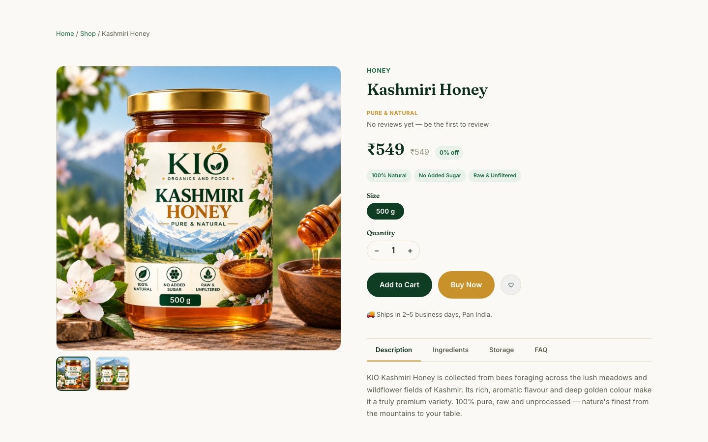 Kashmiri Honey product page